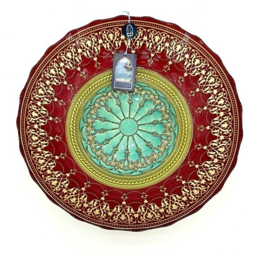 Turkish Glass Round Bowl Dinner Green Gold Red Oriental Lace 16” W 3” D